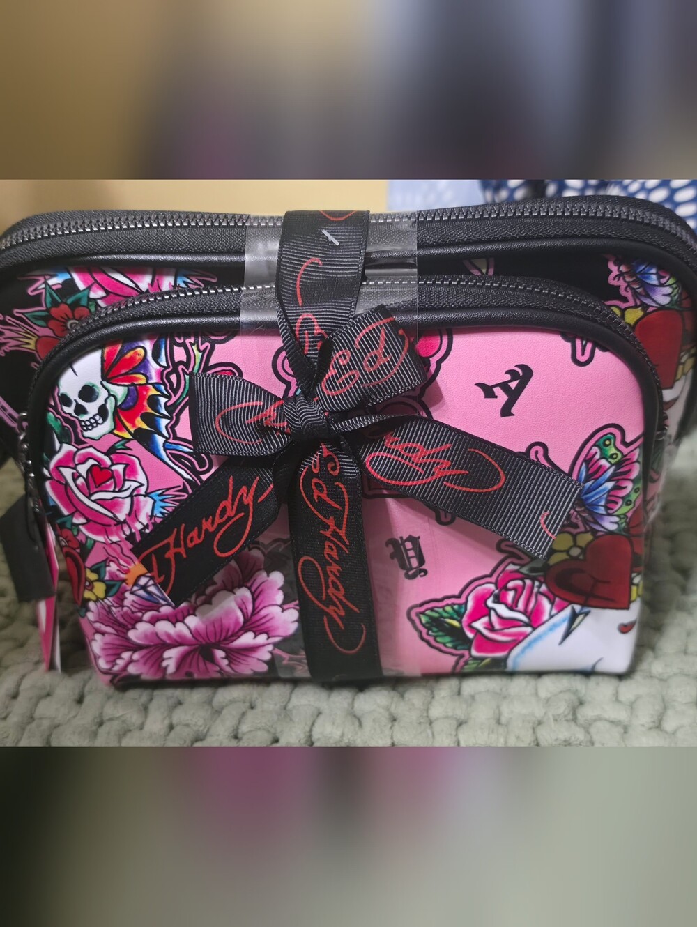 Ed Hardy Pink Floral Tattoo-Print Cosmetic Case with Branded Bow